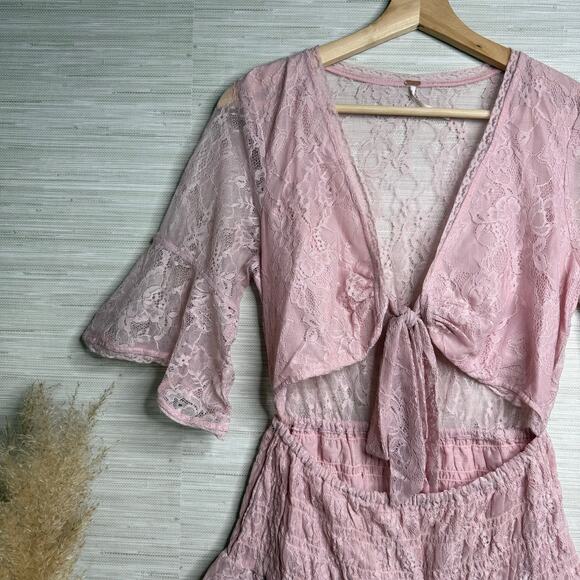 Free People mini dress floral lace cutout ruffled tiered sheer mesh boho Small - Picture 4 of 8